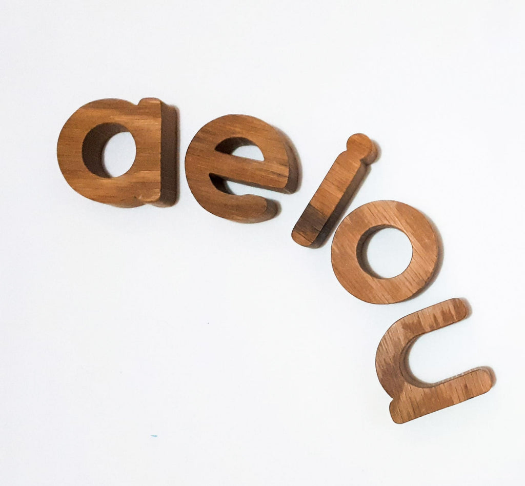 handmade wooden oak alphabet letters toy laid out on a white background in an arch. a, e, i, o, u.