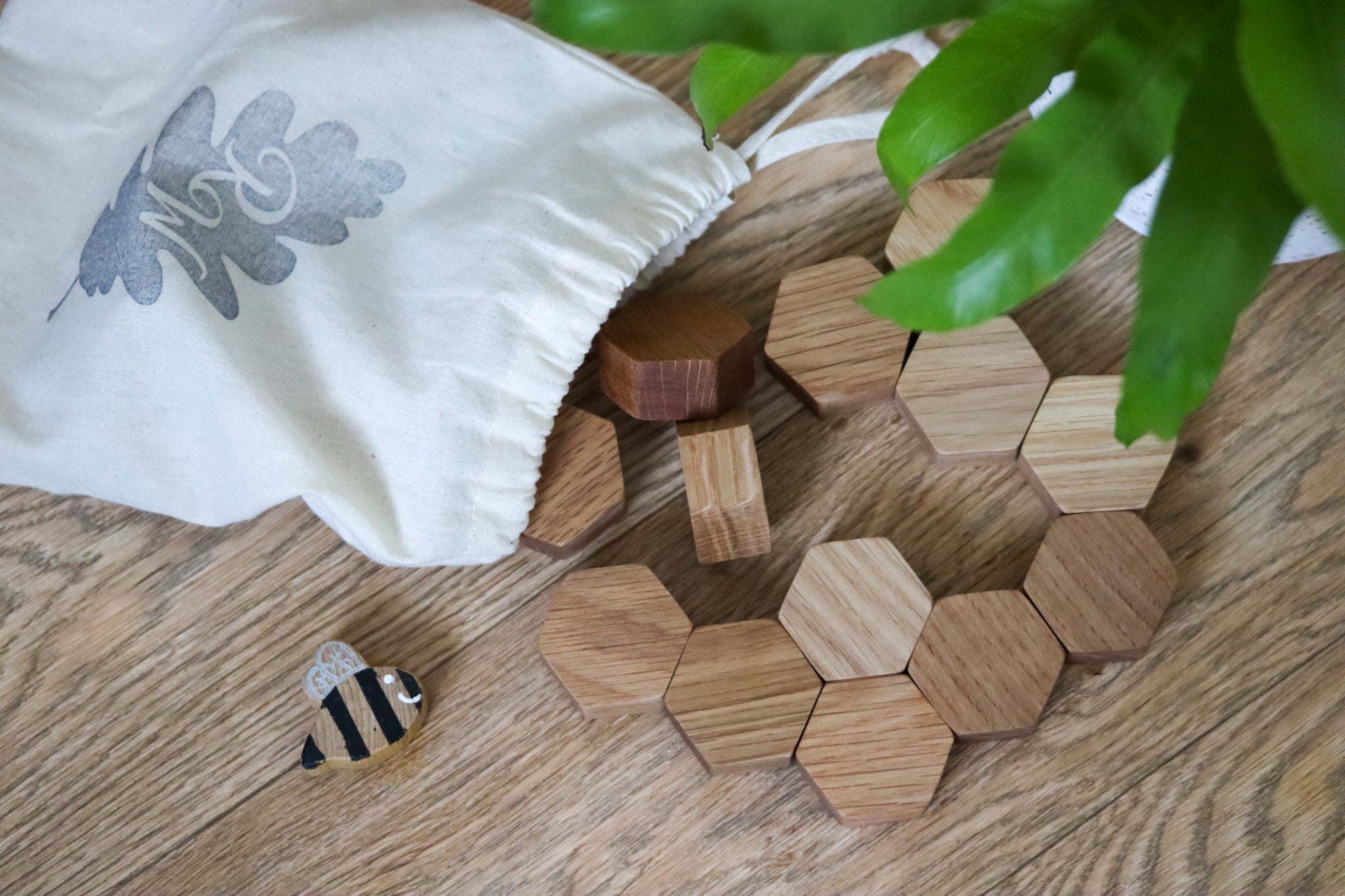 Wooden oak small hexagon blocks tipped out of a cotton bag onto a wooden floor with a plant in the background. Shot looking down with a wooden bee in the corner