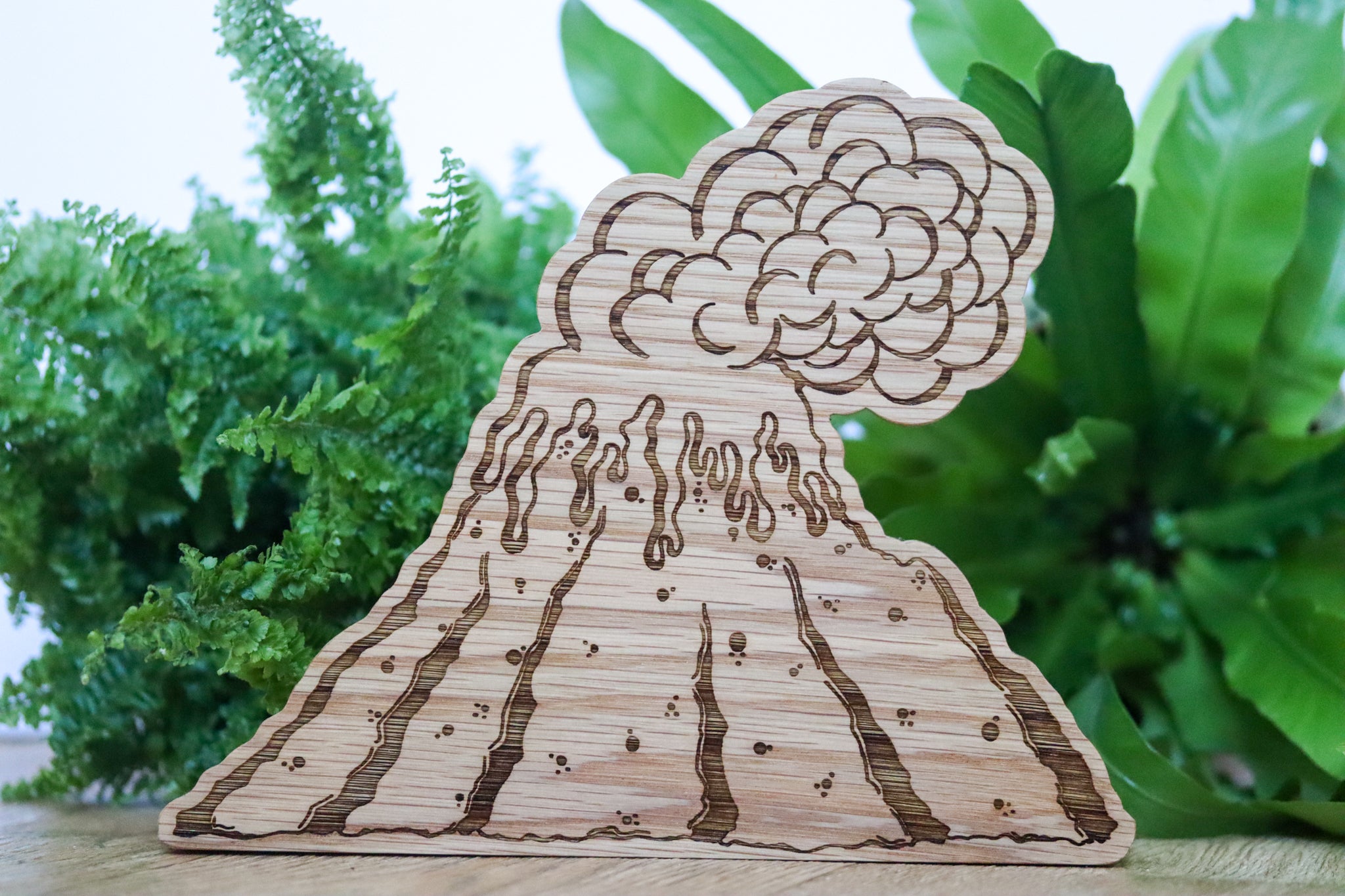Wooden Oak lasered volcano with smoke cloud stood in front of two ferns on a wooden floor